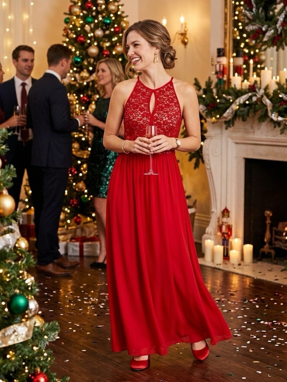 Romantic Sequined Red Lace Halter Keyhole Floor Length Formal Dress Y2K